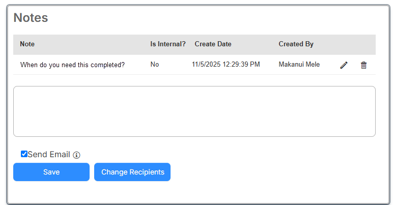 Notes section with an added note.